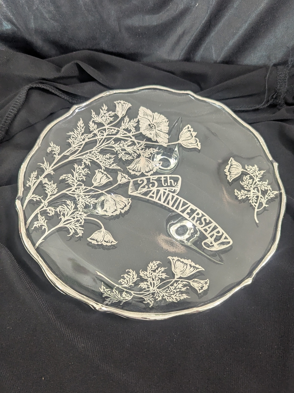25th Anniversary Glass Display Plate - Clear Floral Etching